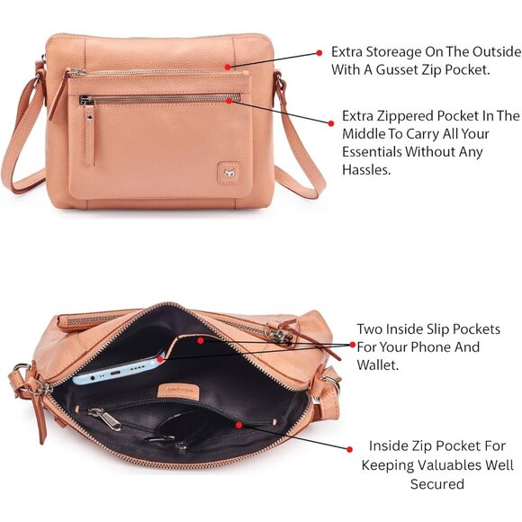 Women Peach Imported Leather Polyester Crossbody Sling Shoulder Crossover Bag - Picture 4 of 6